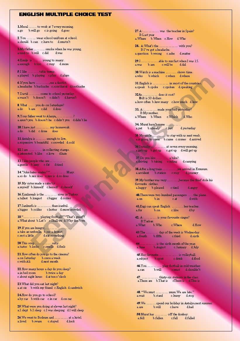 ENGLISH MULTIPLE CHOICE TEST WITH ALL SUBJECTS