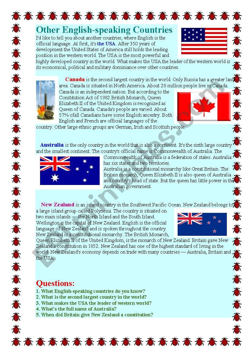 English Speaking Countries worksheet