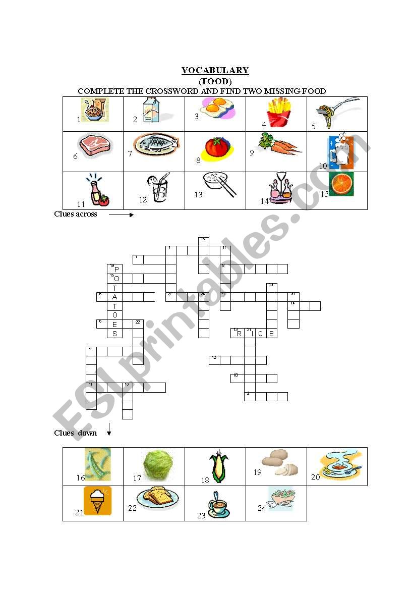 crossword food worksheet