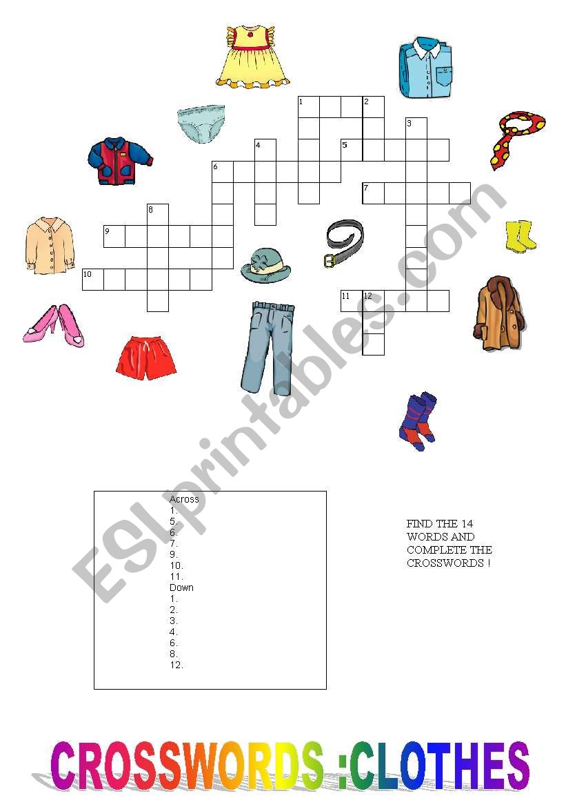 crosswords clothes worksheet