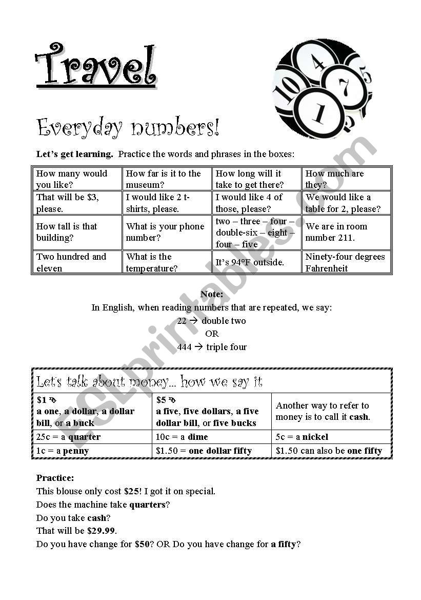 Travel - Everyday numbers worksheet