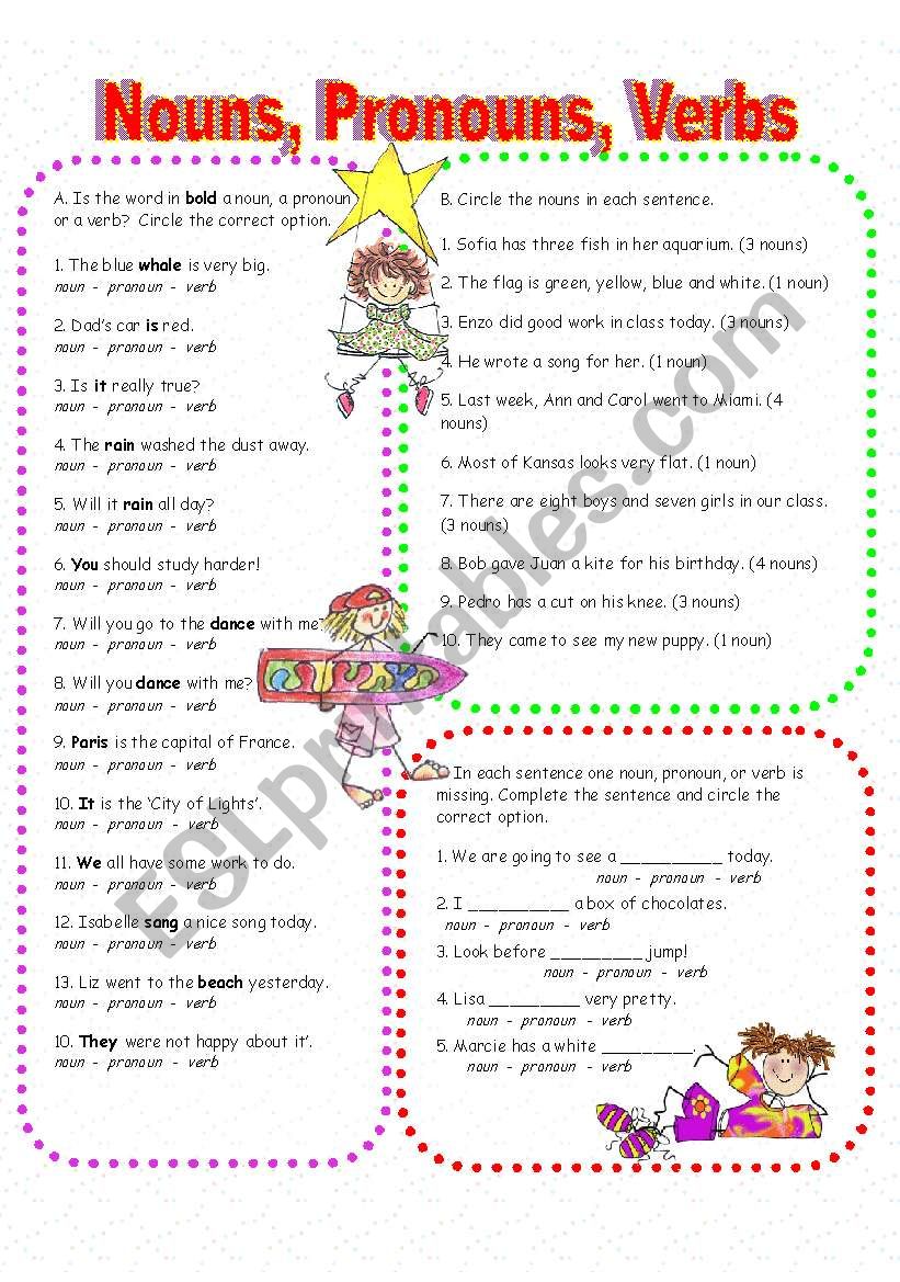 Nouns, Pronouns, and Verbs - ESL worksheet by Anna P Inside Nouns And Verbs Worksheet