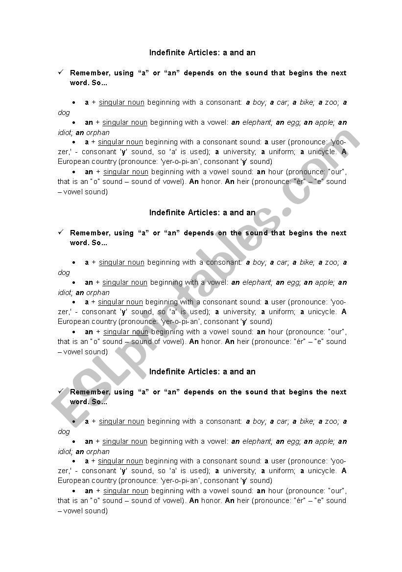 a / an - indefinite articles worksheet