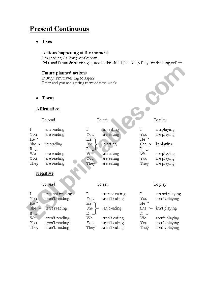 Present Continuous Grammar worksheet