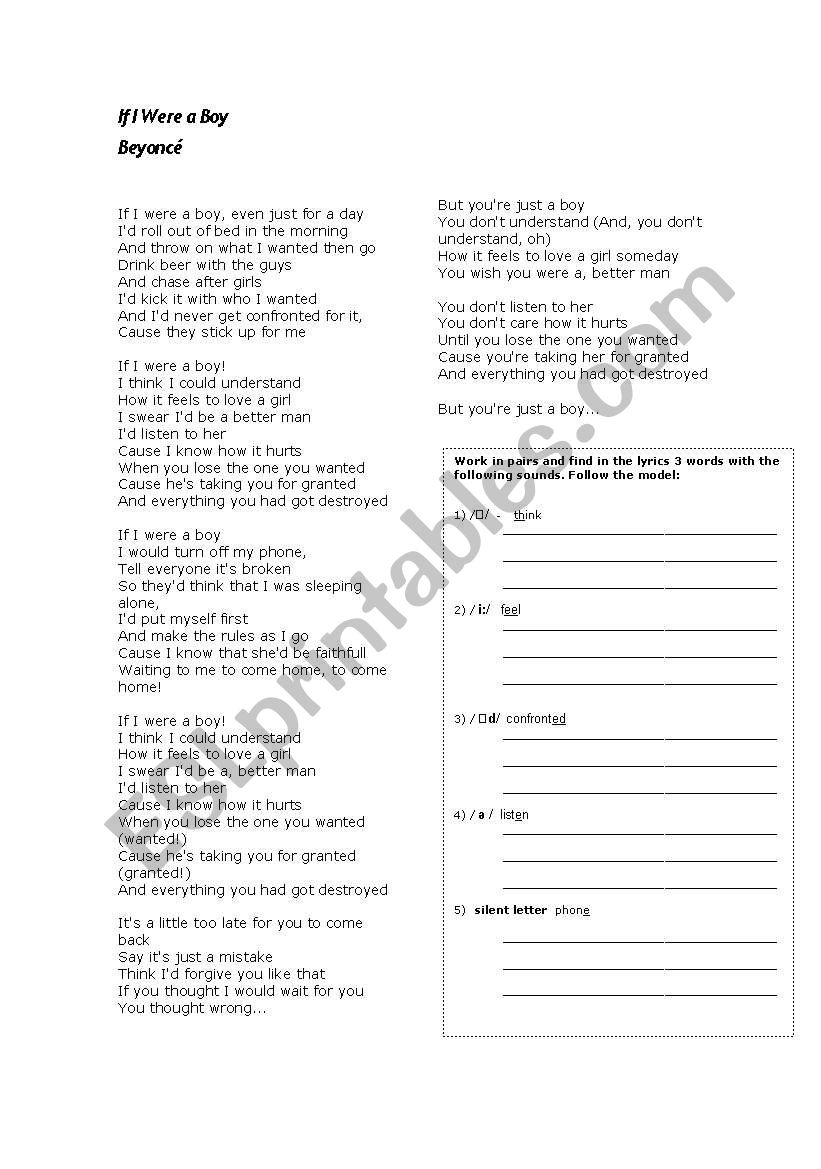 If I Were a Boy - Phonetics worksheet