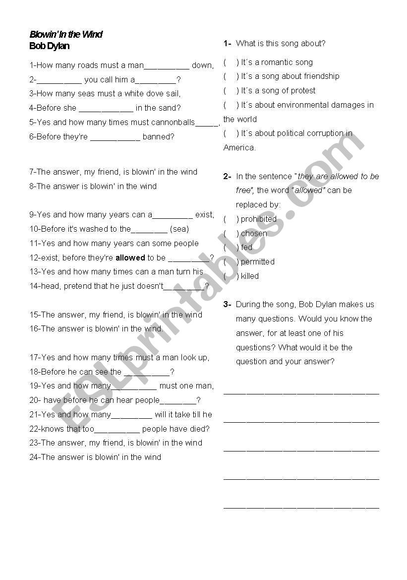 Blowin In the Wind worksheet