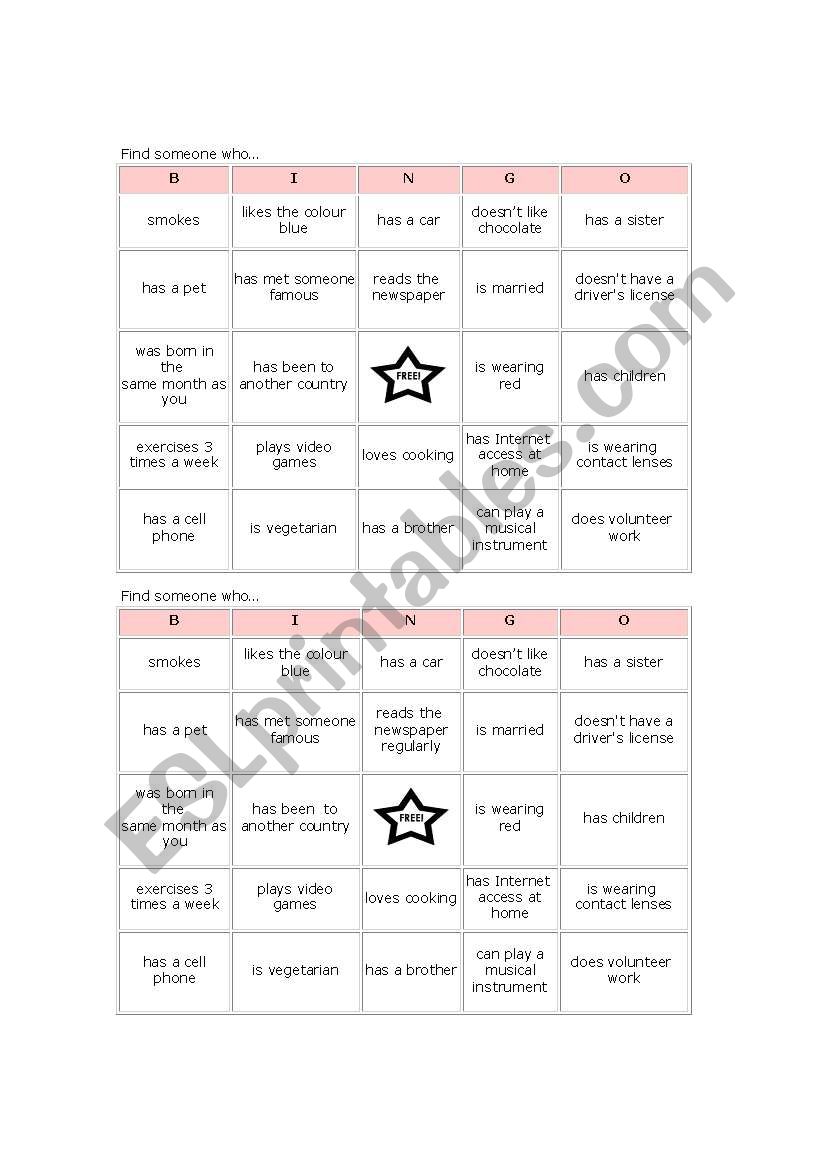 Find Someone Who Bingo Game worksheet