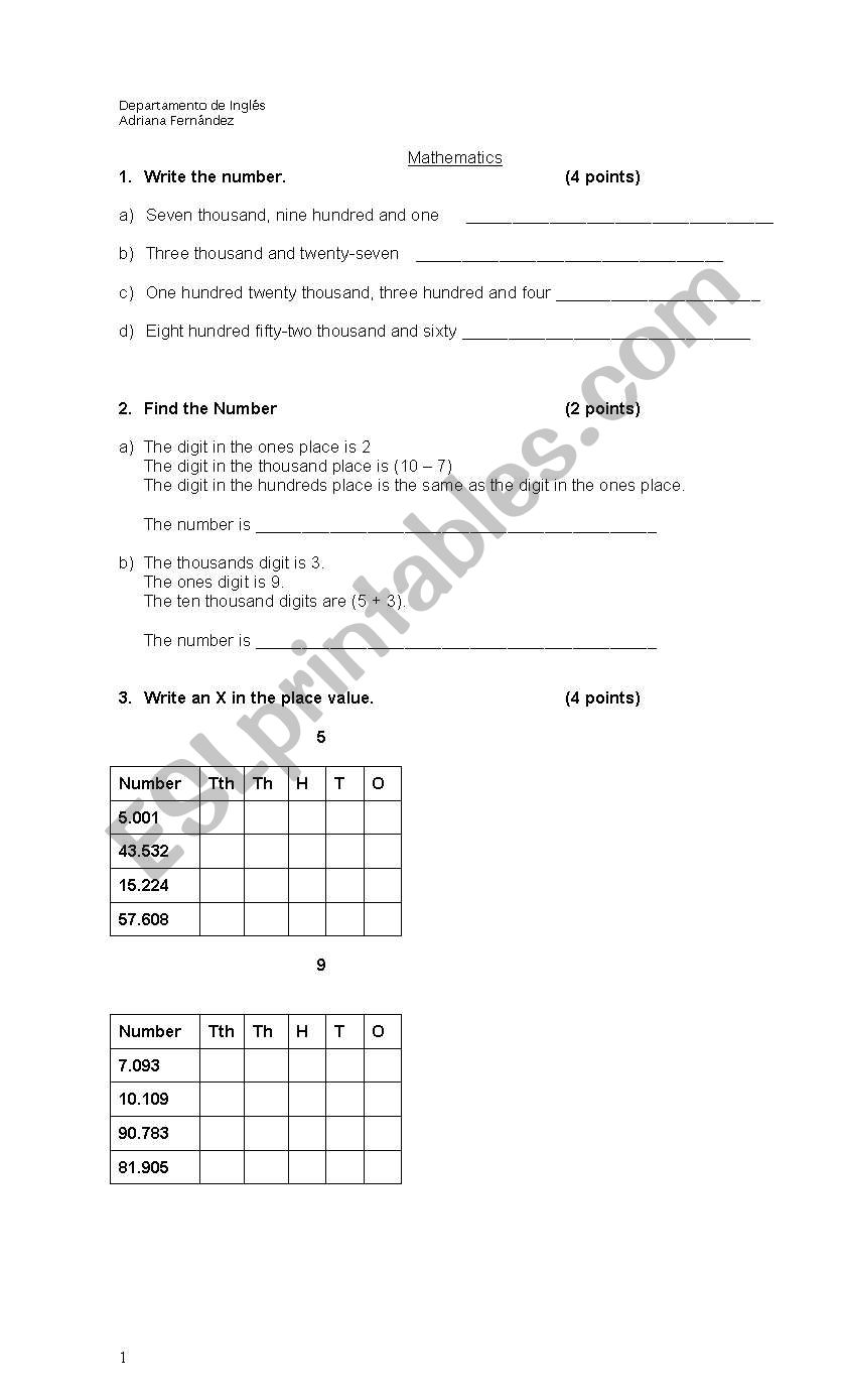 Mathematics in English worksheet