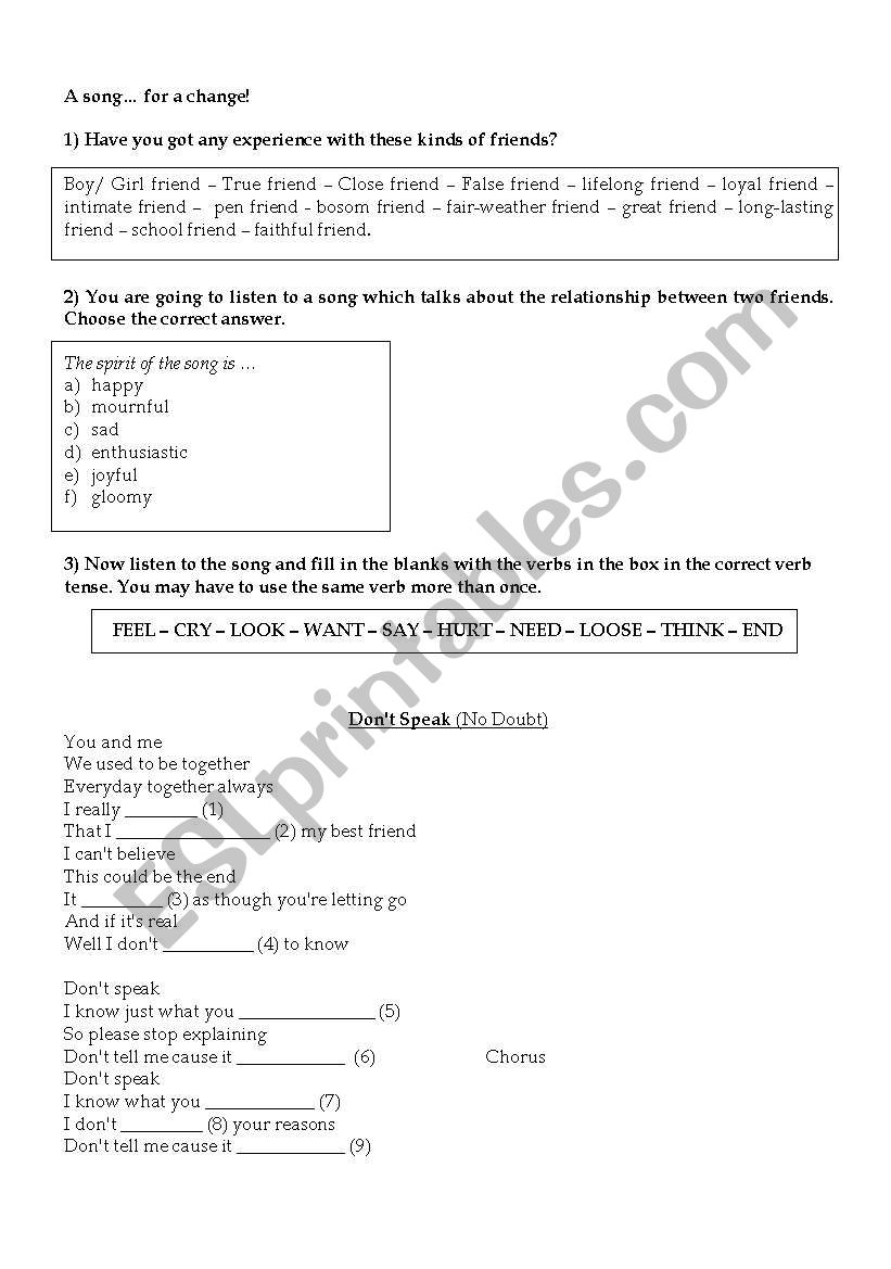 DONT SPEAK _ SONG WORKSHEET worksheet