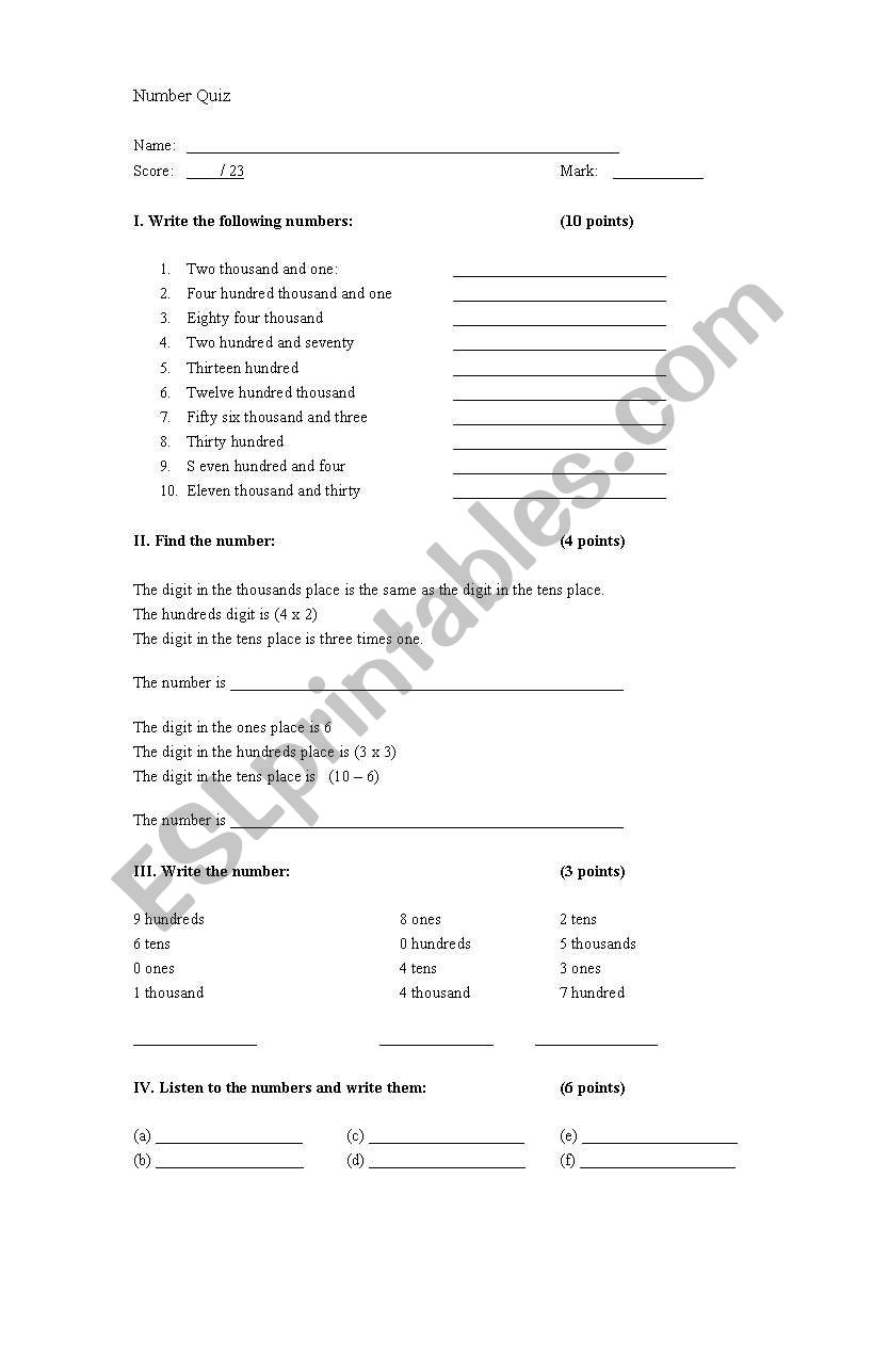 Number (Mathematics) Quiz worksheet