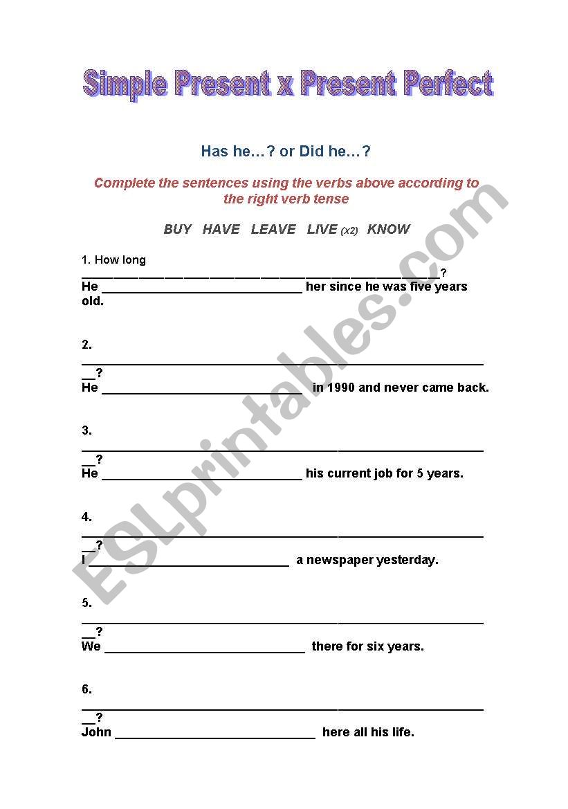 Simple Past X Present Perfect exercise