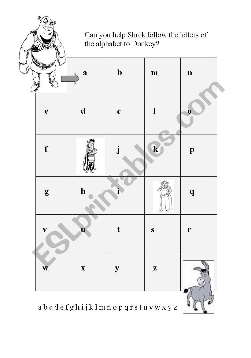 Shrek Alphabet Maze - lower case letters