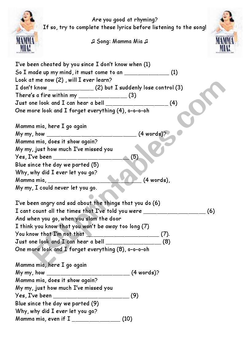 Rhyming with Mamma Mia worksheet