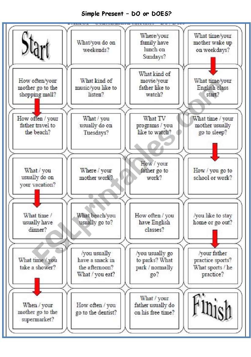 DO and DOES board game worksheet