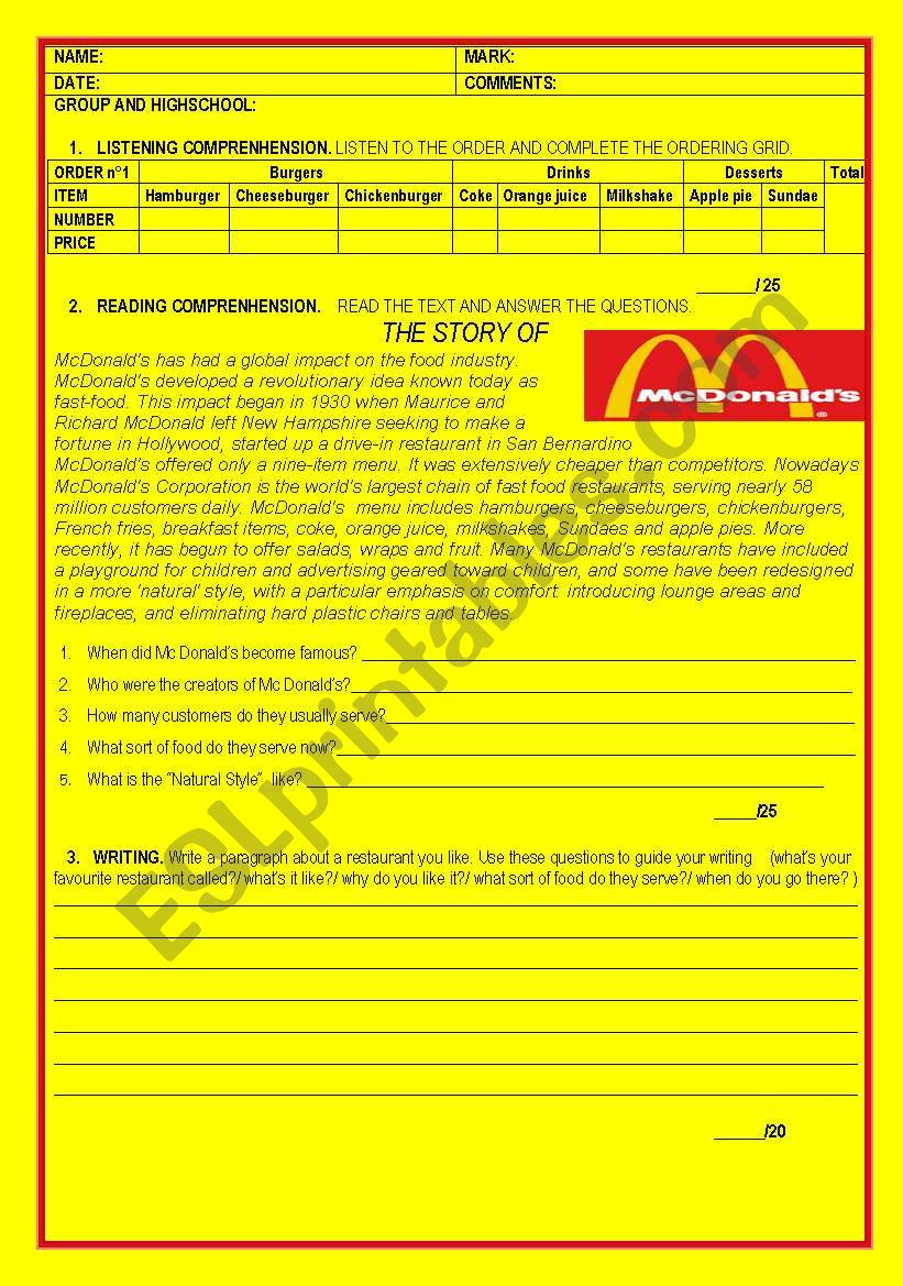 Mc donalds and fast food test