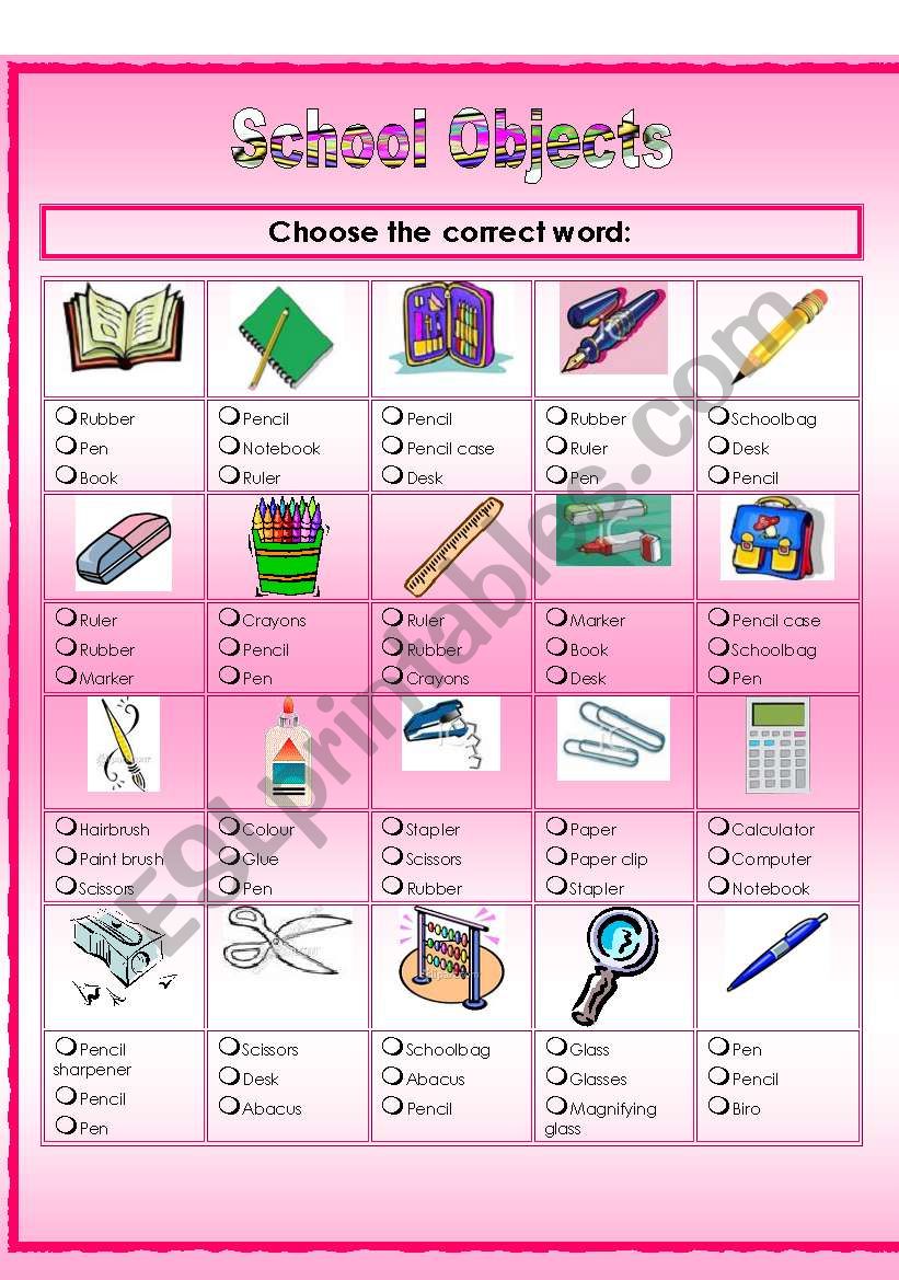 School Objects worksheet