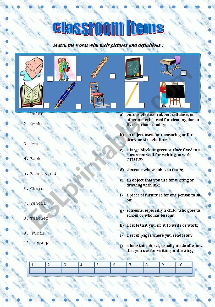 Classroom Items-Matching exercise