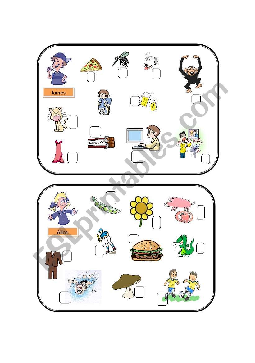 James/Alice likes... worksheet