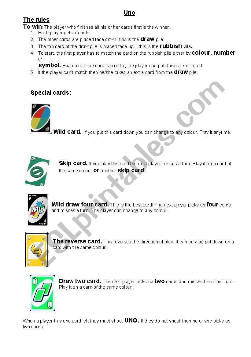 Uno instructions worksheet