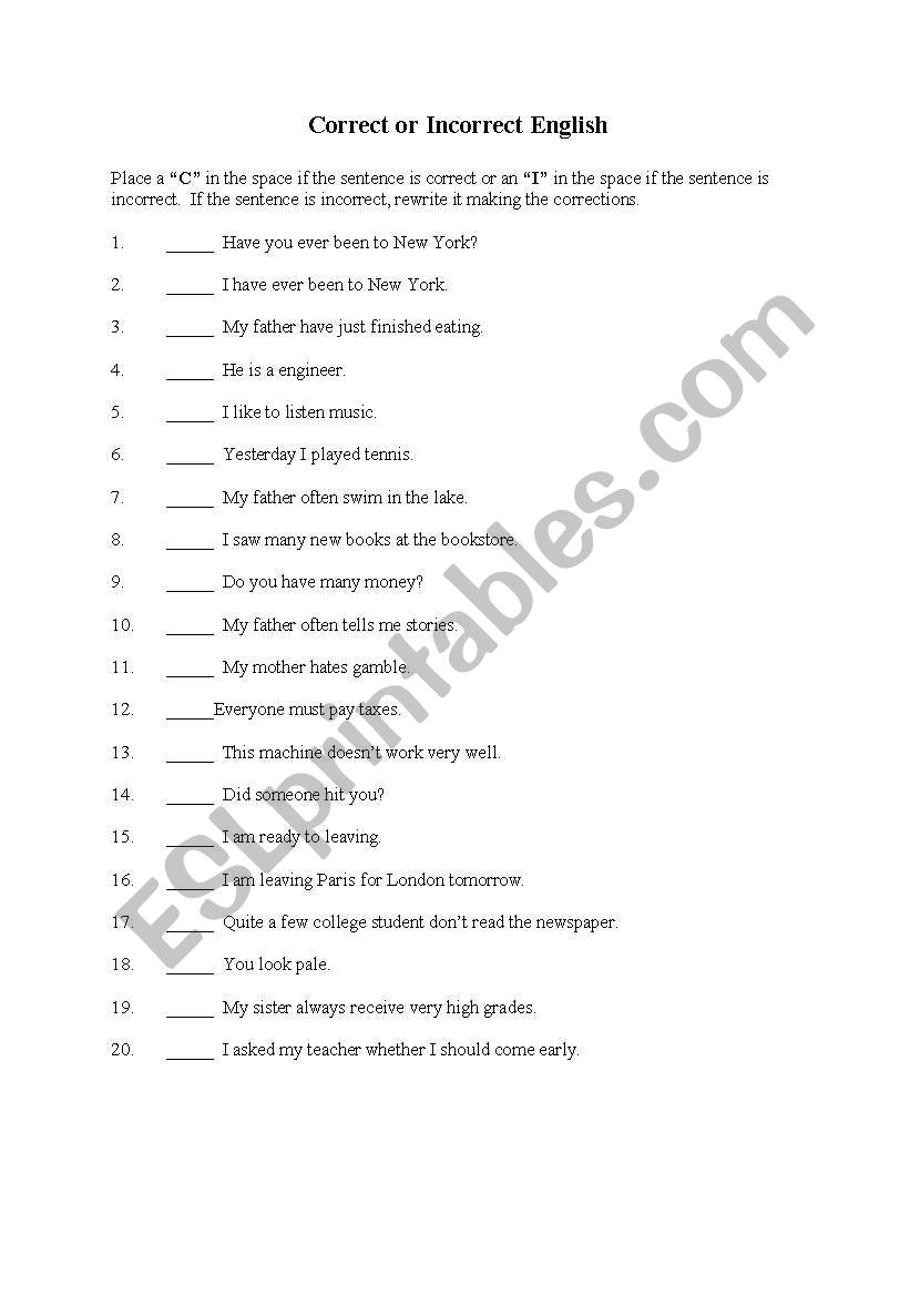 Correct and Incorrect English worksheet