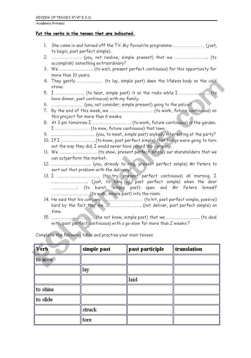 tenses activities worksheet