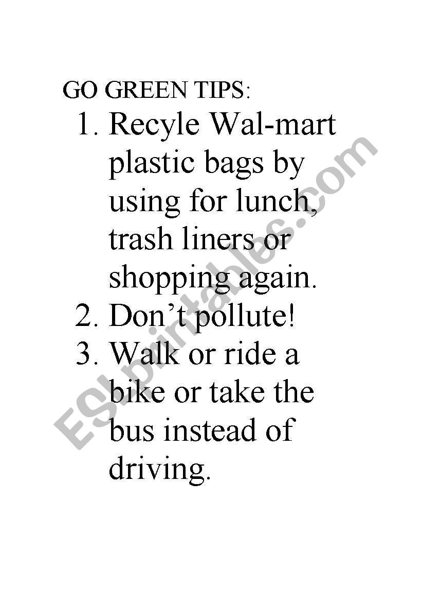 Go Green Tips worksheet