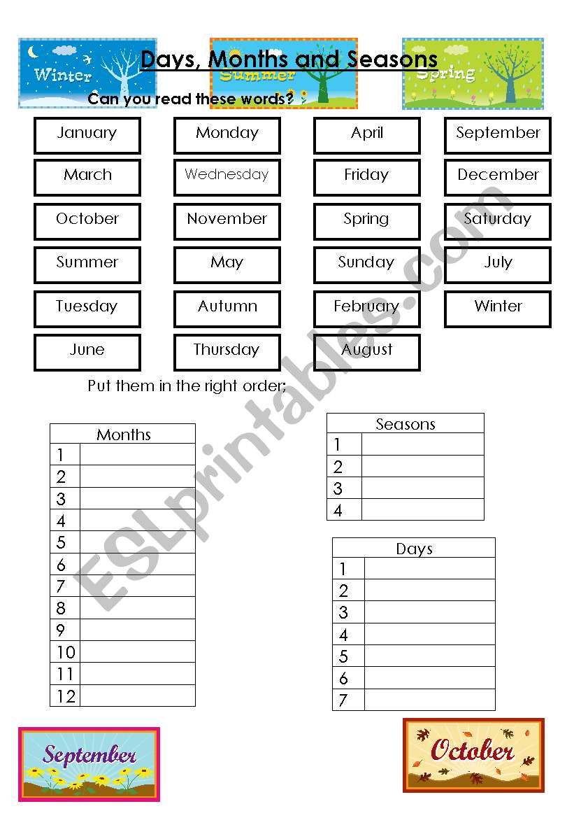 Days, Months and Seasons worksheet