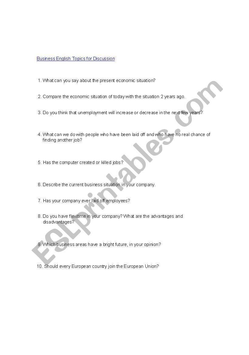Business English Topics worksheet