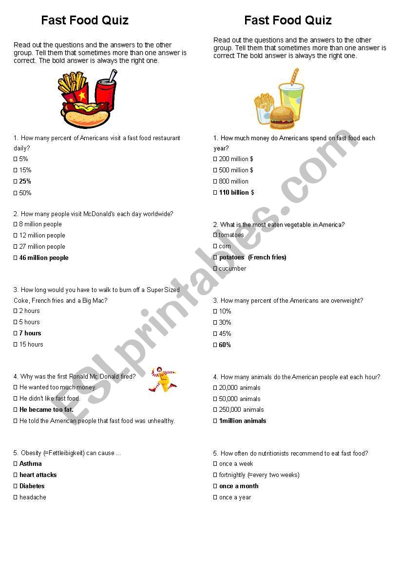 2 Fast Food Quizzes - ESL worksheet by Gretel