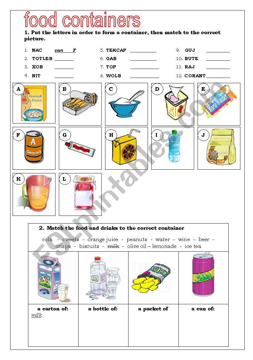 food containers worksheet