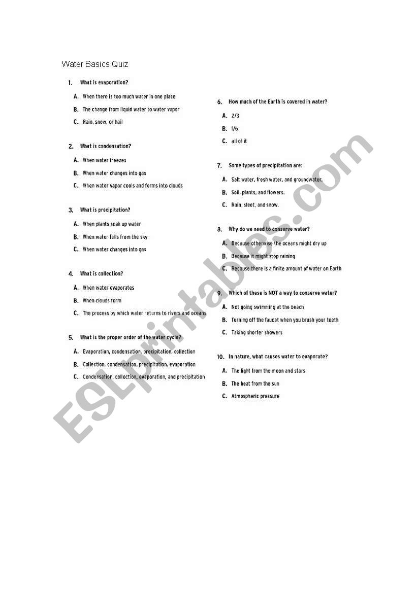 watercycle Quiz worksheet