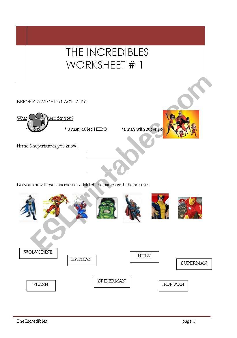 the Incredibles wsh worksheet
