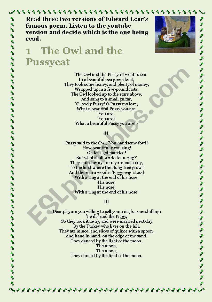 The Owl and the Pussy Cat worksheet