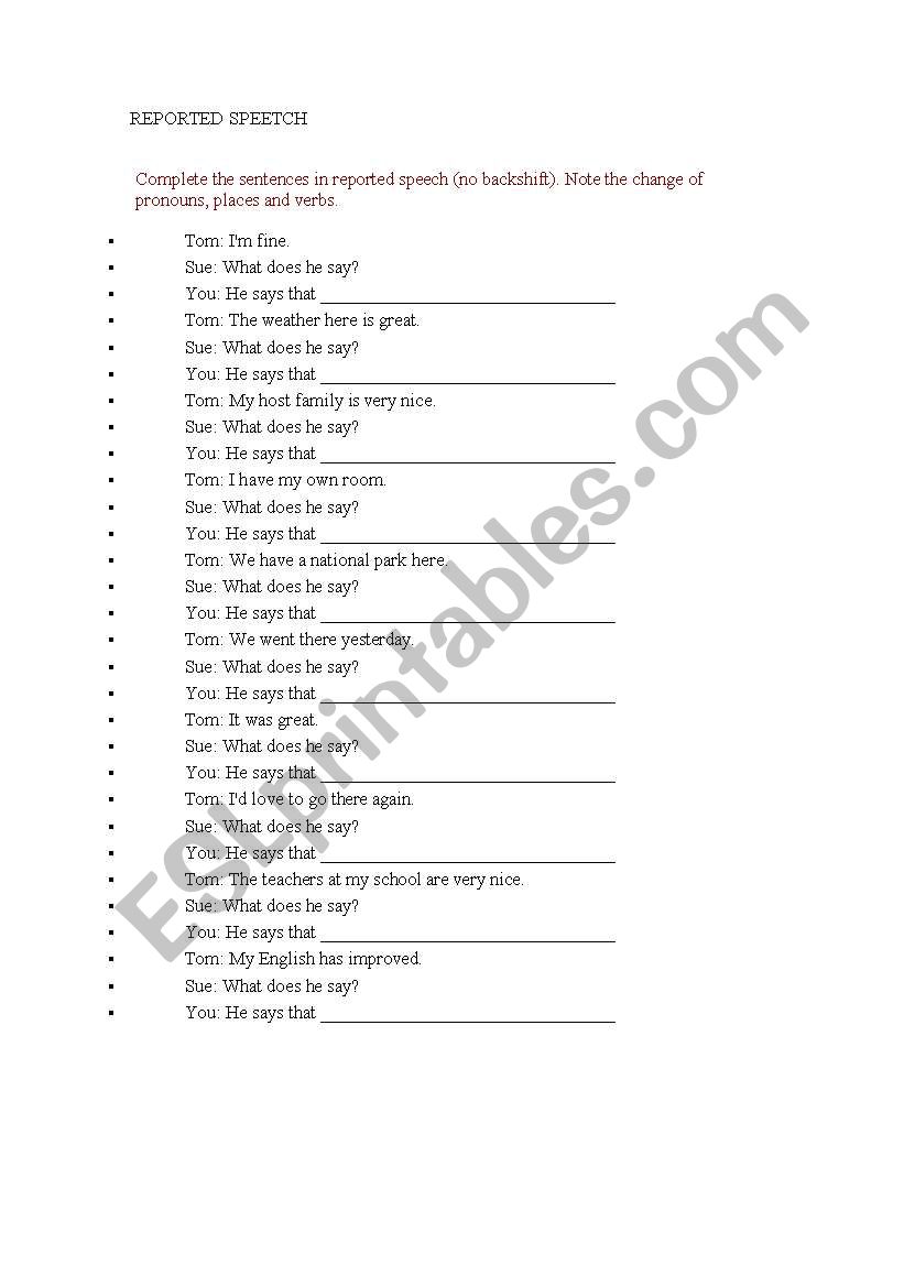 Reported Speech worksheet