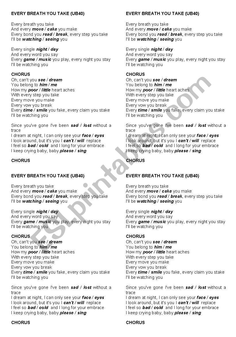 EVERY BREATH YOU TAKE - UB40 worksheet