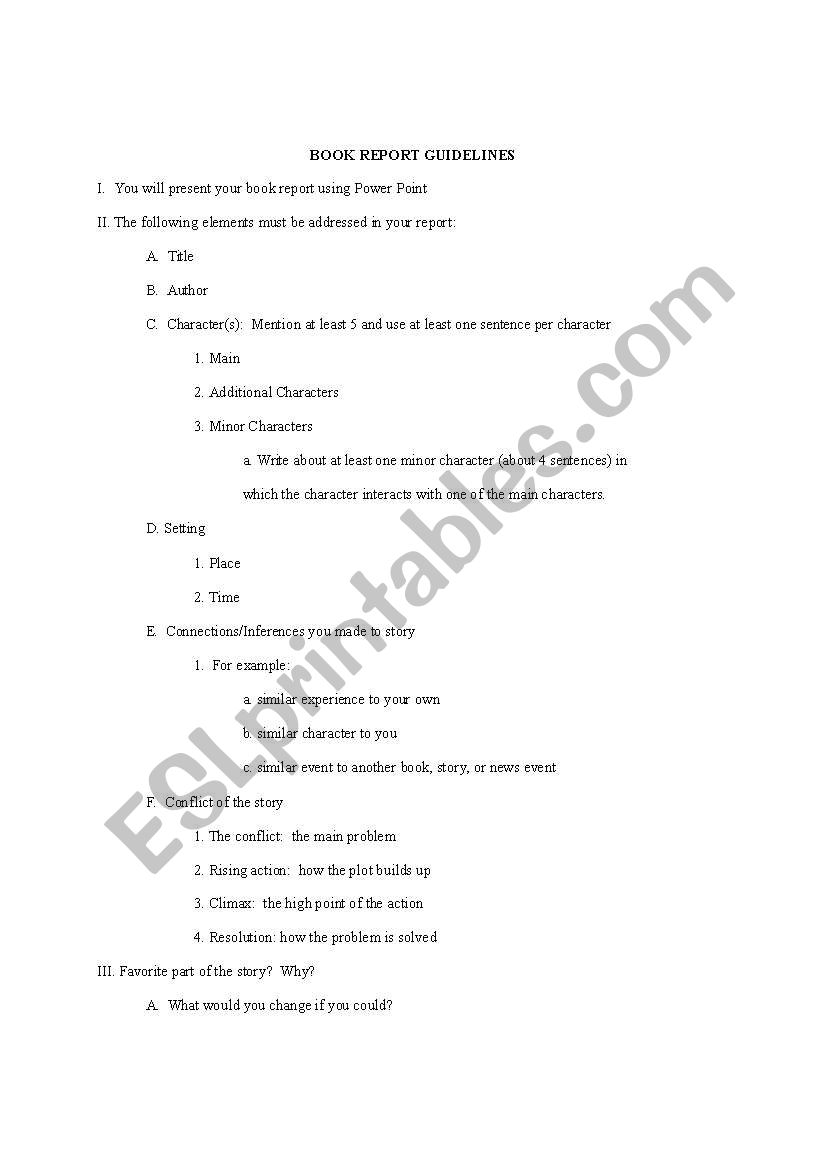 Book Report Guidelines worksheet