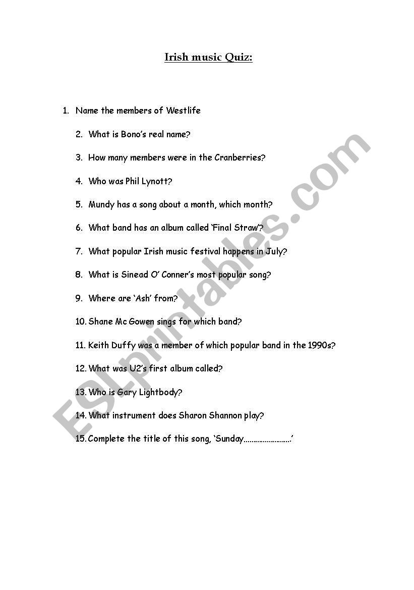 Irish Music Quiz (webquest) worksheet