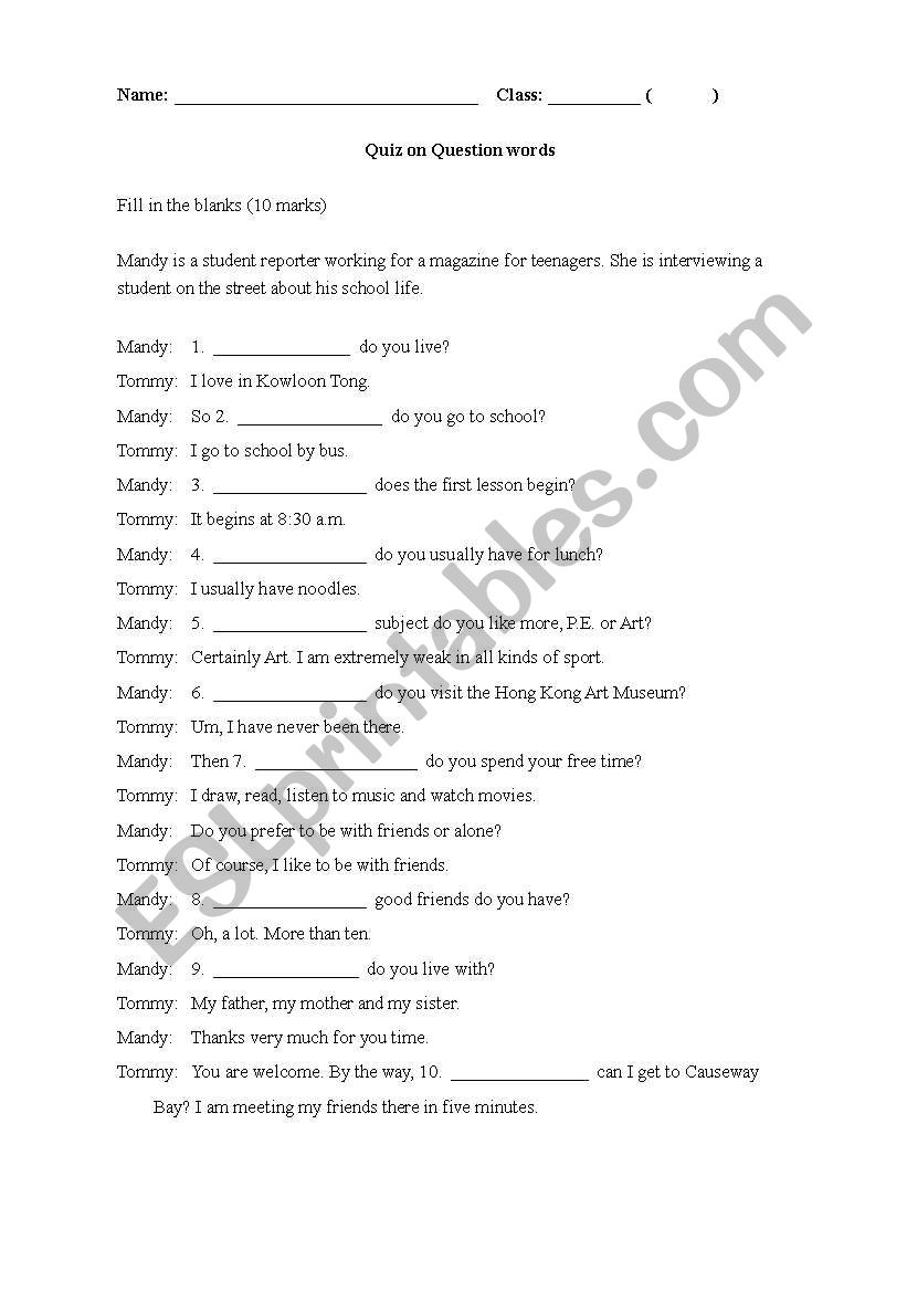 Question words worksheet