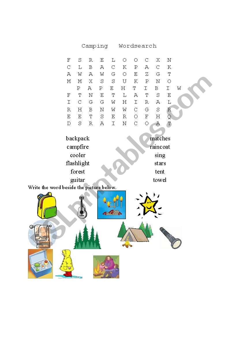 Camping Wordsearch worksheet