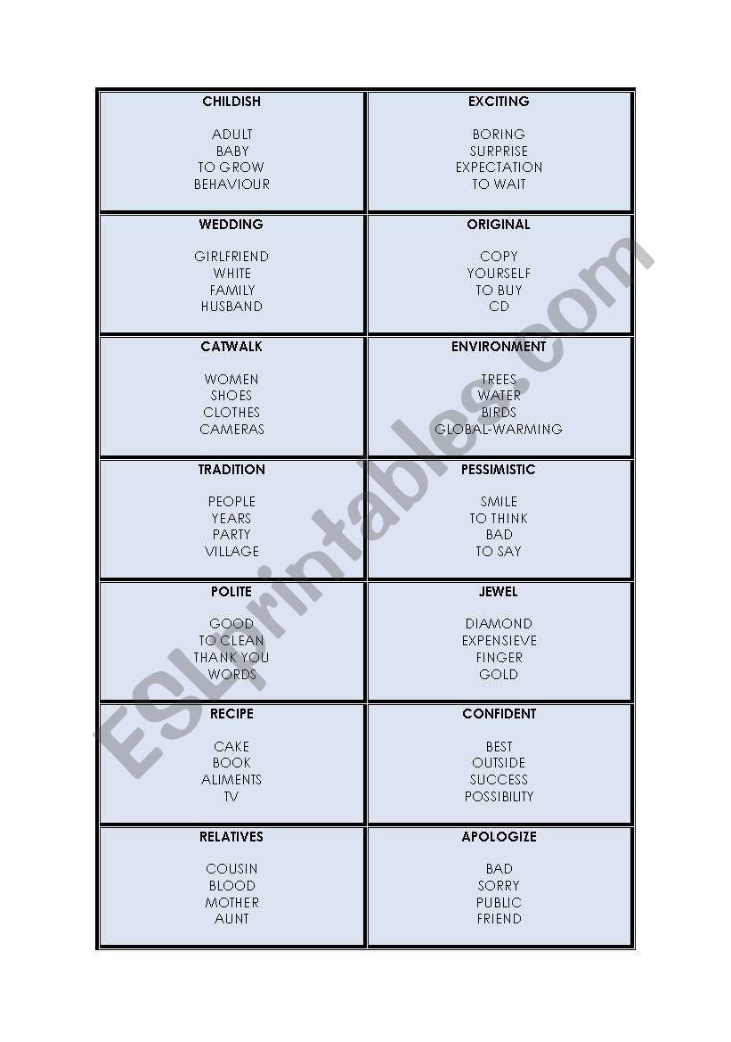 TABU CARDS worksheet