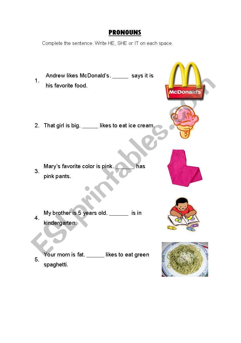 He, She or It - Pronouns worksheet