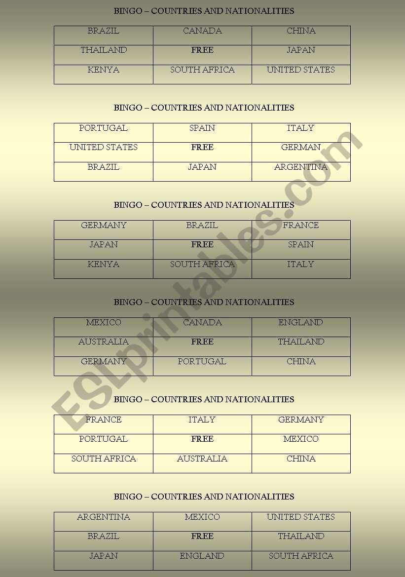 BINGO - COUNTRIES worksheet
