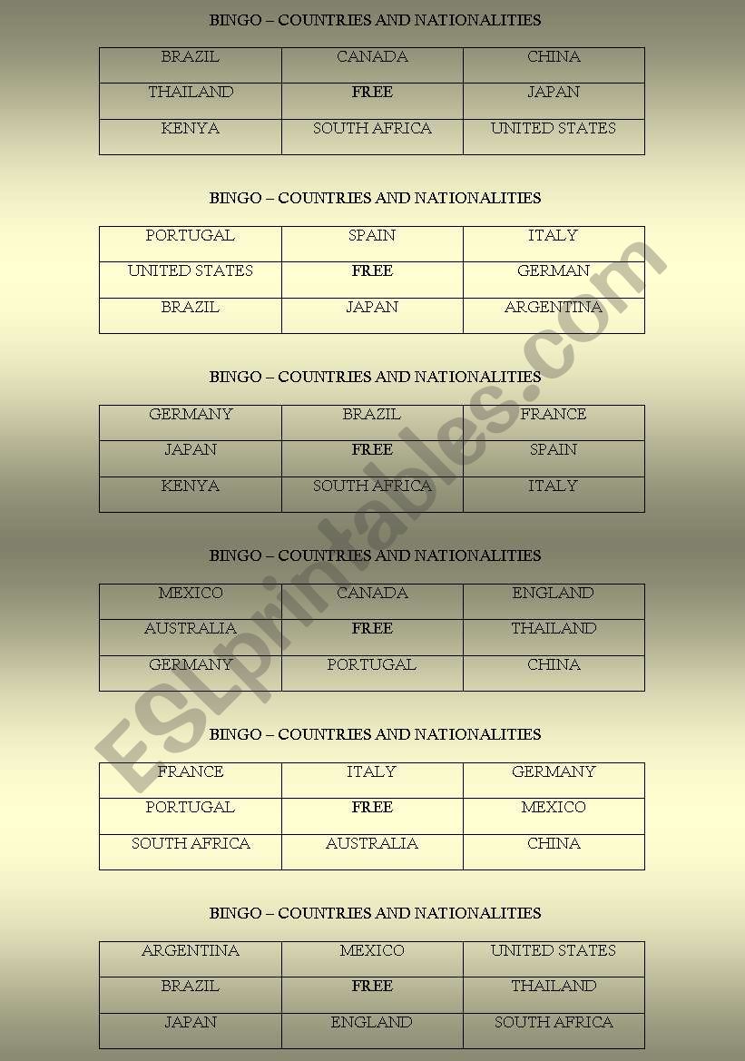 BINGO - COUNTRIES worksheet