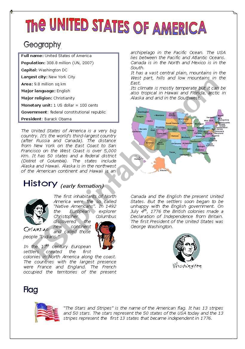 The United States of America worksheet