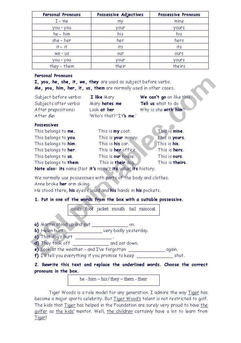 Pronouns - personal pronouns, possessive adjectives and possessive pronouns