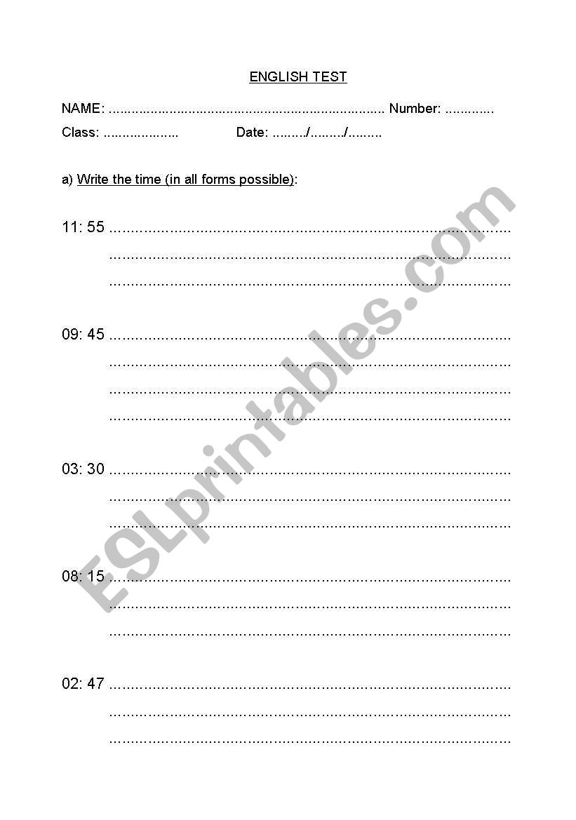 time test worksheet