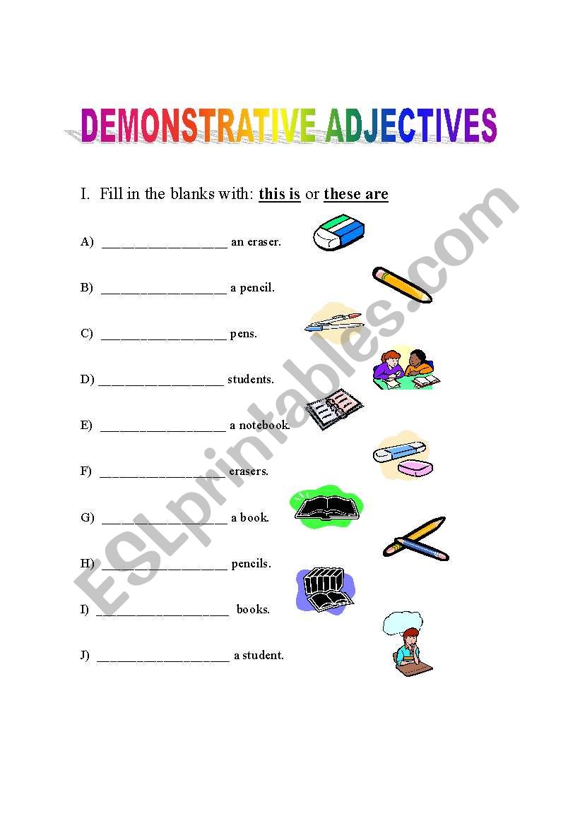 English Worksheets Demonstrative Adjectives