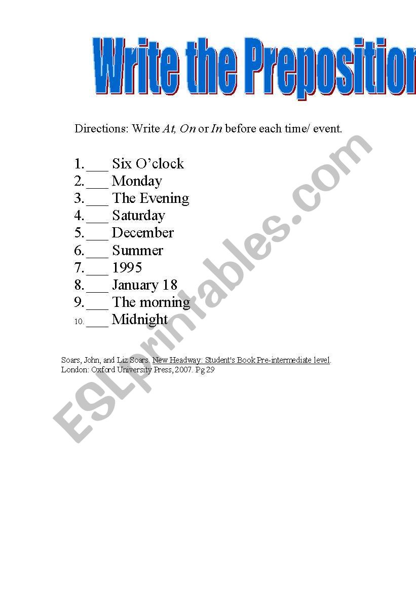 Preposition of time worksheet worksheet