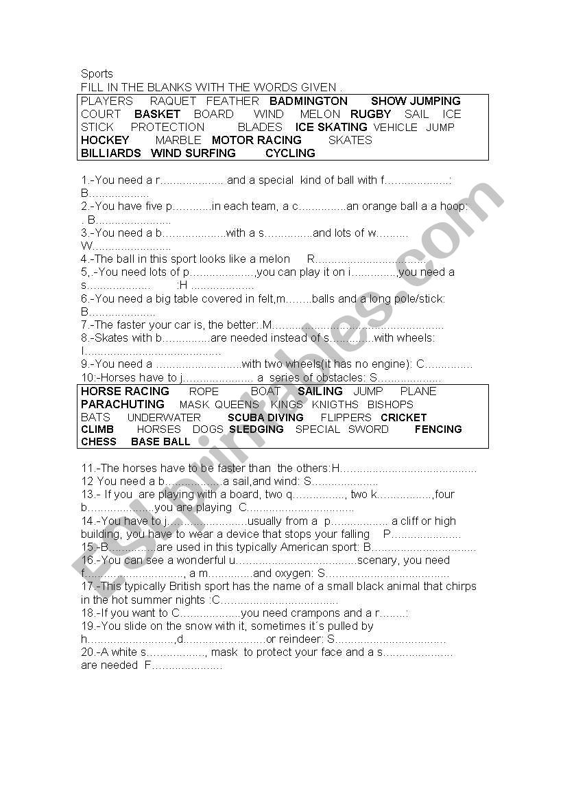 sports and equipment worksheet