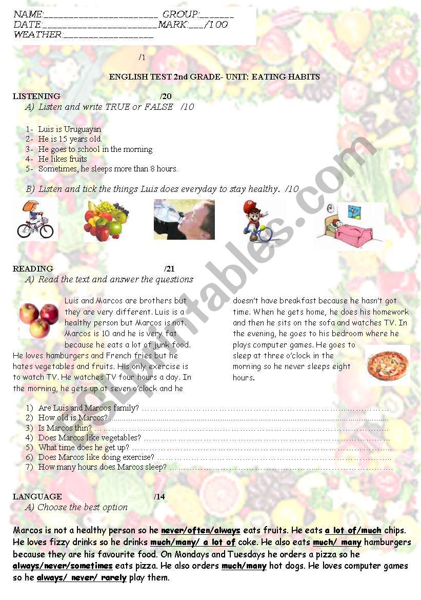 TEST ON FOOD worksheet